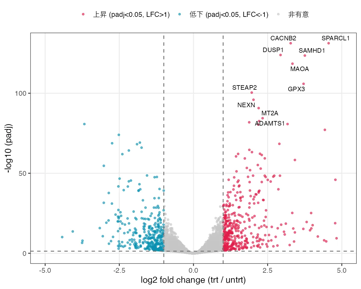 DESeq2の結果のvolcanoプロット。横軸がlog2 fold change、縦軸が-log10(padj)。左右に有意な遺伝子が広がり、上部にSPARCL1、CACNB2、DUSP1、SAMHD1などの遺伝子名が表示されている。
