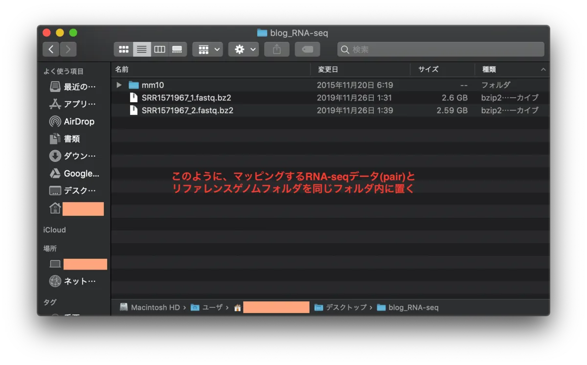 マッピングするRNA-seqデータ(pair)とリファレンスゲノムフォルダを同じフォルダ内に置いた状態