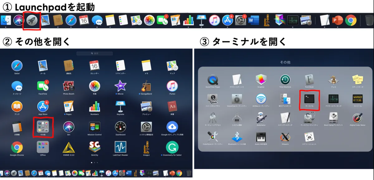 Launchpadを起動し、「その他」フォルダの中にあるターミナルアイコンをクリックする手順