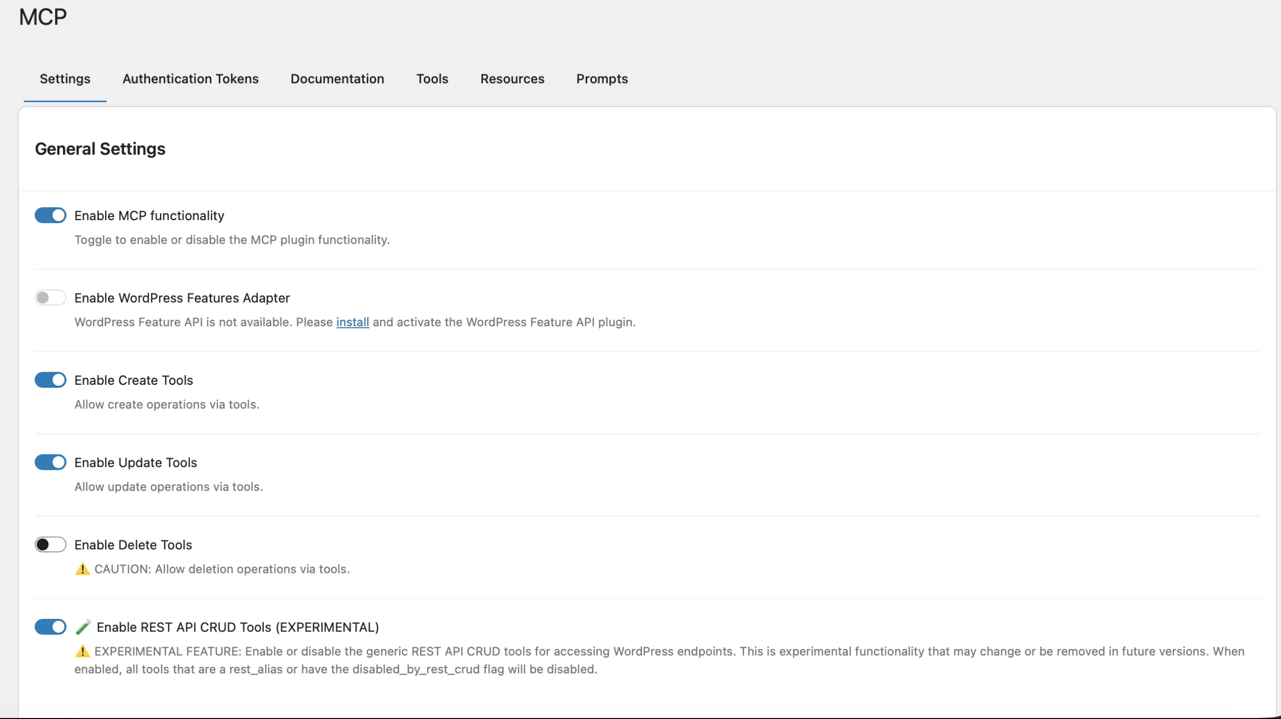 WordPress MCPの設定画面